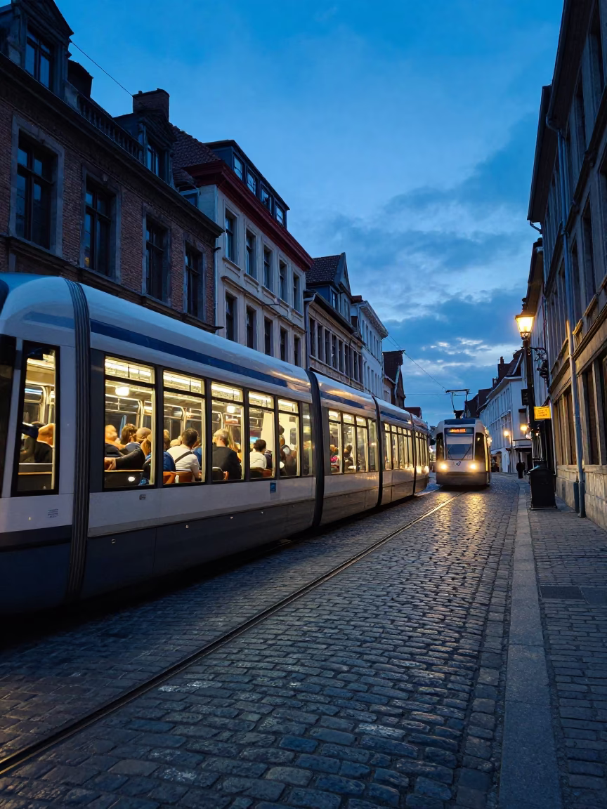 Brussels Evening Tram Ride on Steep Cobblestone Hill with Blue Hour Light in in Brussels, Belgium