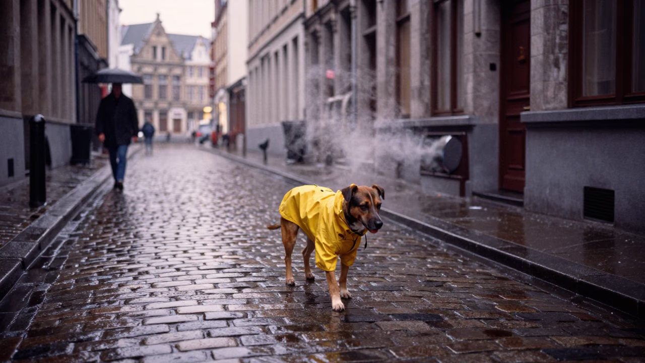 Brussels First Light After Rain Dog Walking Cobblestone Street in in Brussels, Belgium