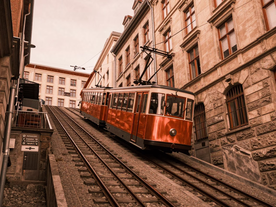 Brussels Funicular Climbing Steep Hill in Copper Toned Light Before Dusk in in Brussels, Belgium