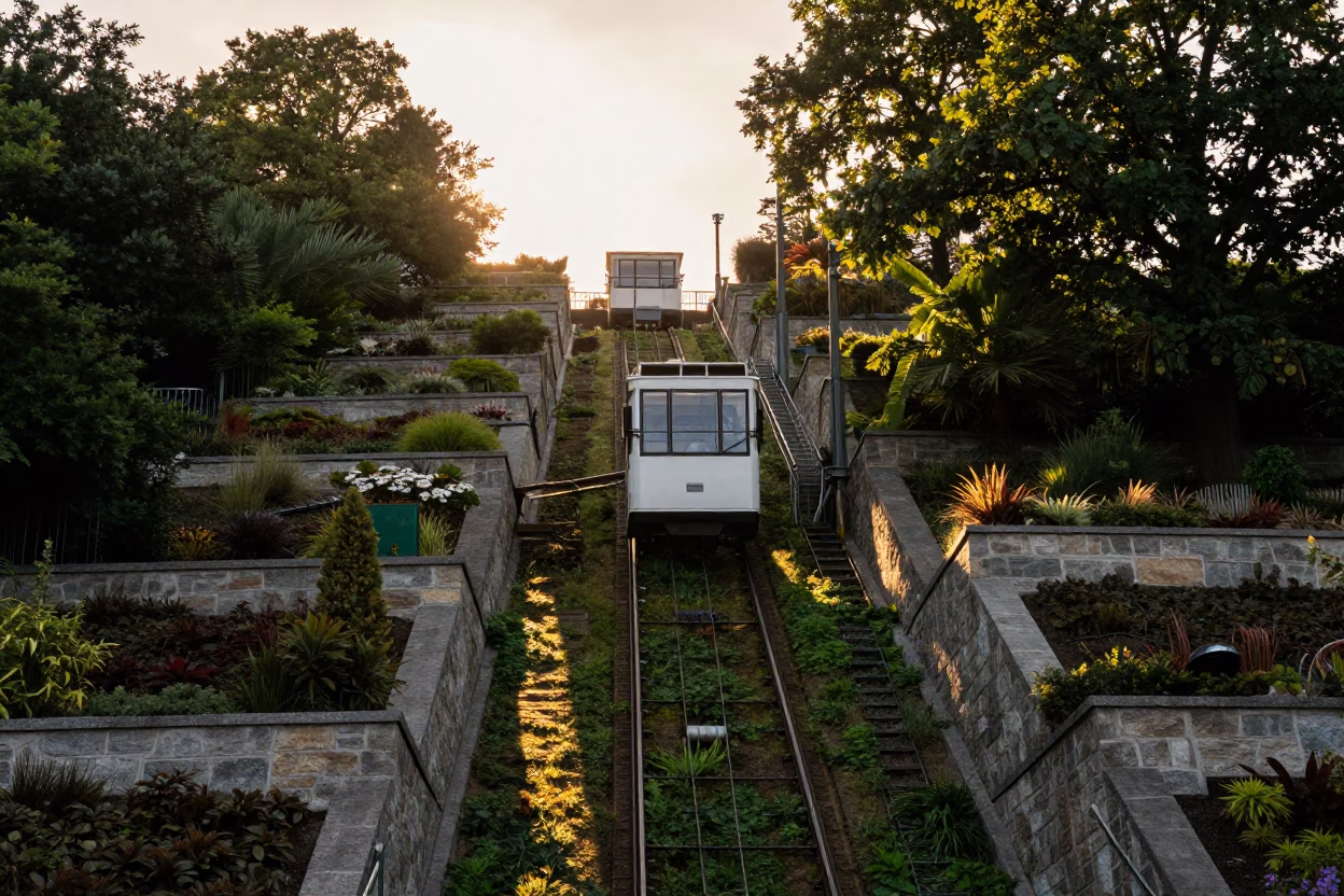 Brussels Funicular Rising Through Terraced Gardens at Sunset in in Brussels, Belgium