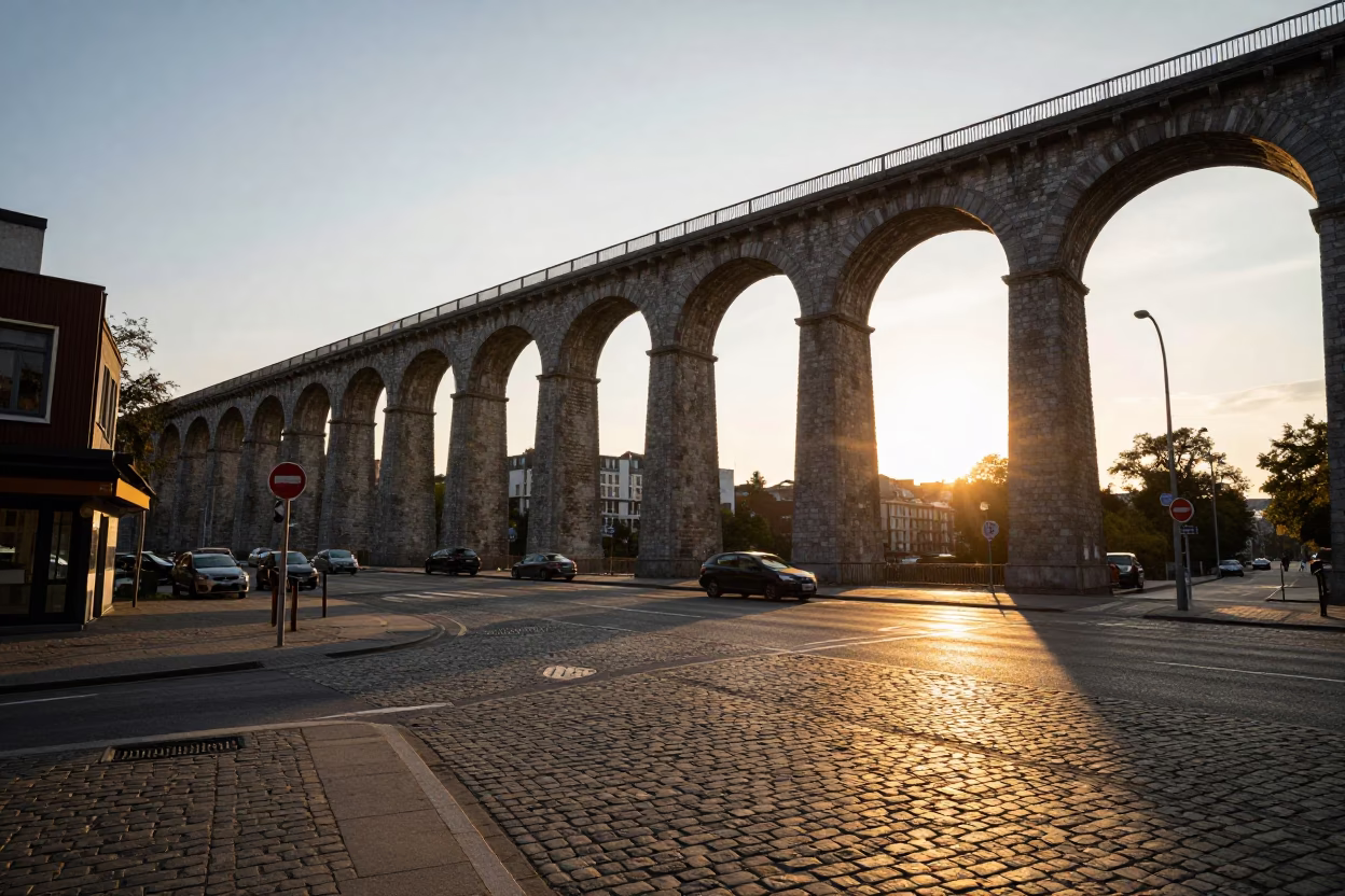 Brussels Golden Hour Railway Viaduct and Street Life in in Brussels, Belgium