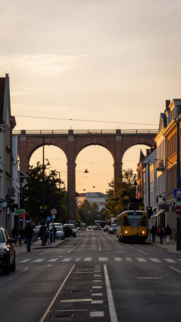 Brussels Golden Hour Street Scene with Railway Viaduct and Steam Train in in Brussels, Belgium
