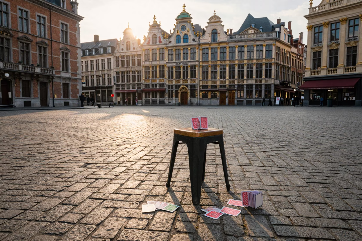 Brussels Golden Hour Street Scene with Stool and Deck of Cards on Cobblestone in in Brussels, Belgium