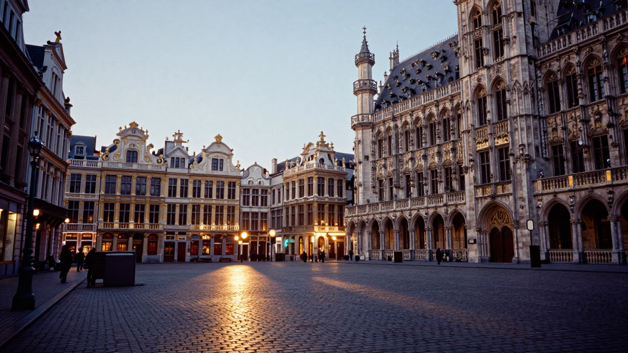 Brussels Grand Place at Dawn with Substation and Vintage Elements in in Brussels, Belgium