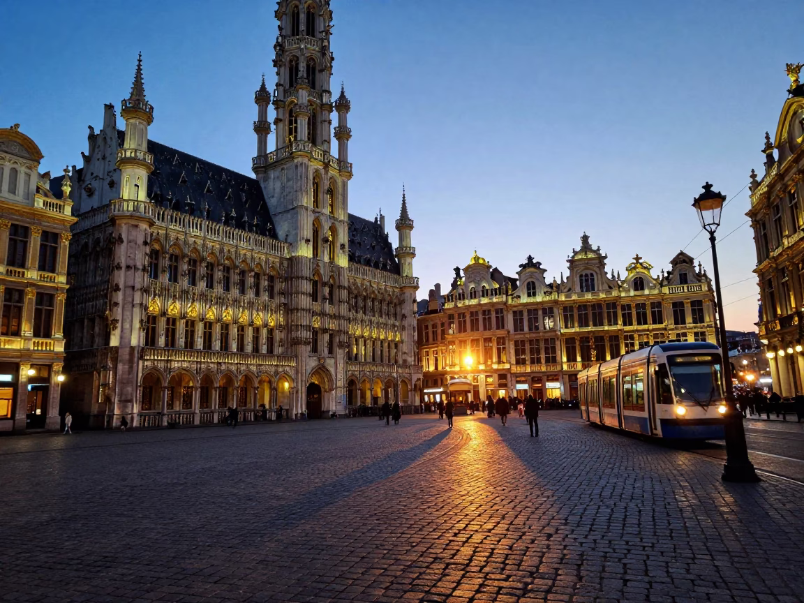 Brussels Grand Place at Dusk with Tram and Cobblestone Street Life in in Brussels, Belgium