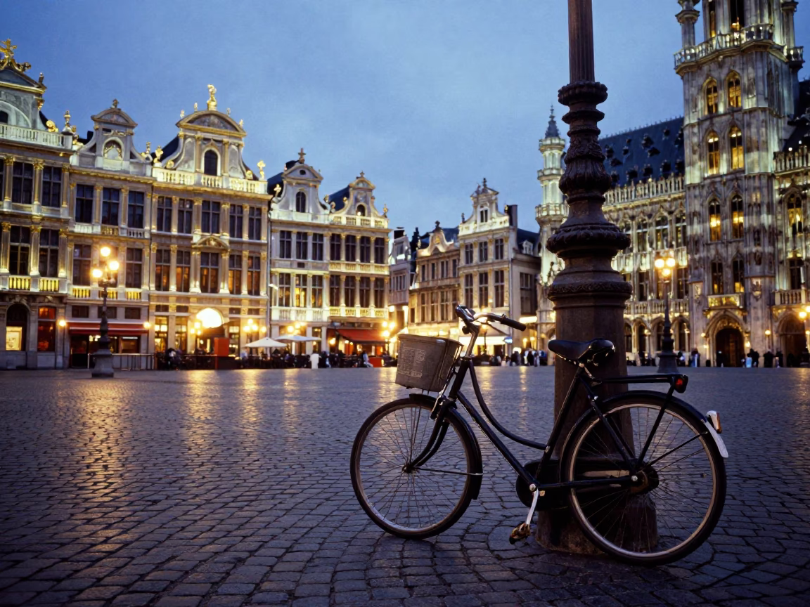 Brussels Grand Place at dusk with vintage bicycle and glowing city lights in in Brussels, Belgium