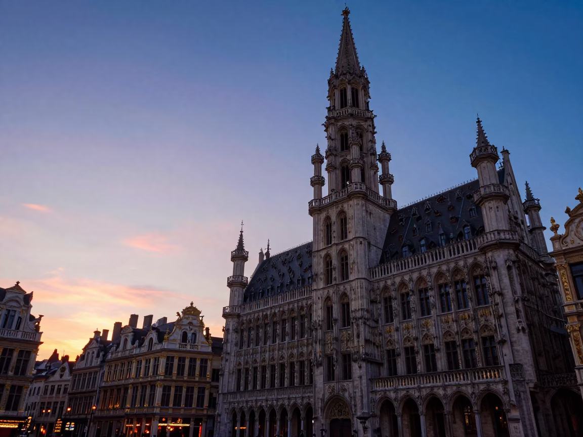 Brussels Grand Place at Sunset with Gothic Architecture and Evening Light in in Brussels, Belgium