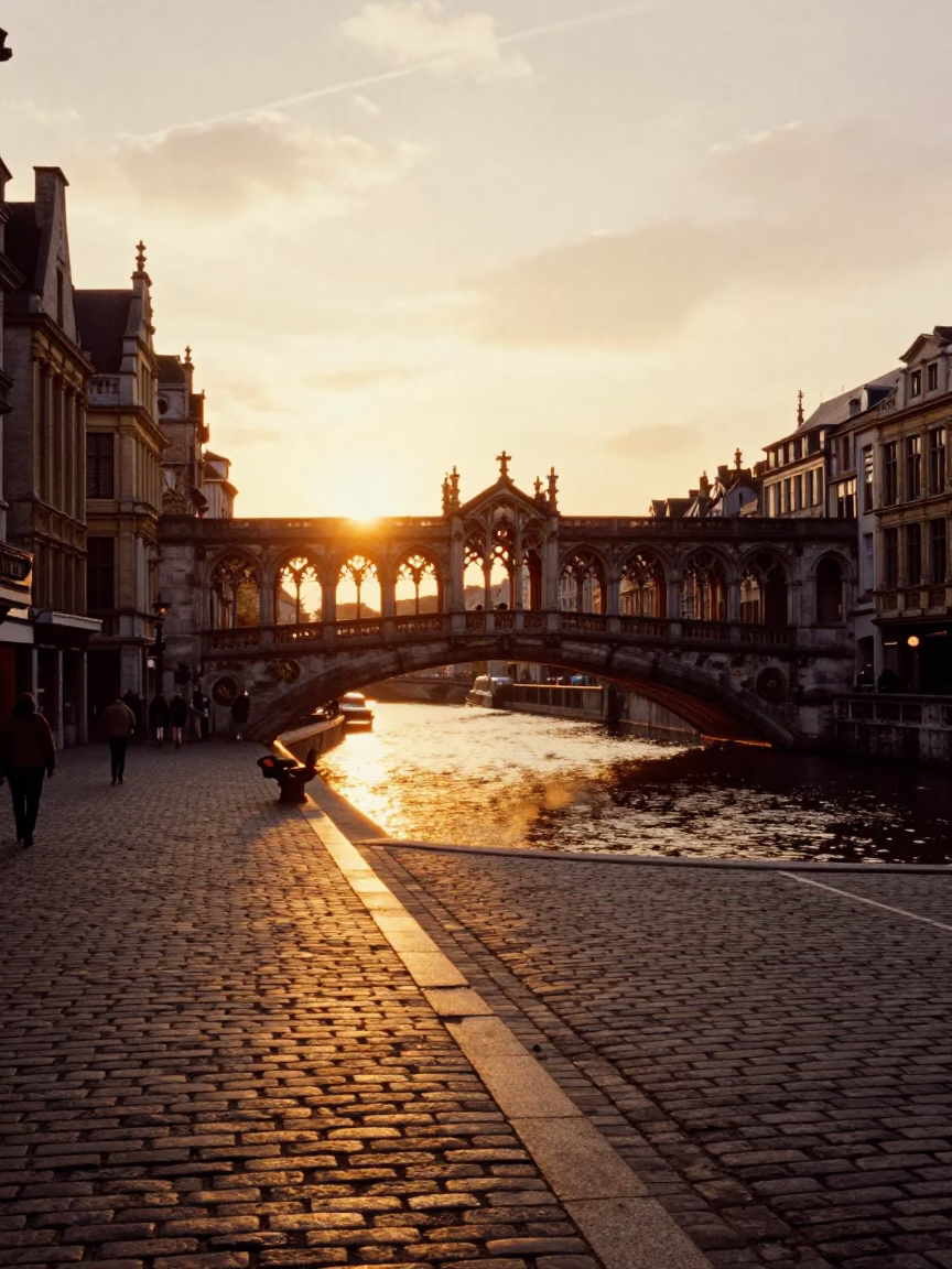 Brussels Grand Place at Sunset with Gothic Stone Bridge and Cracked Stucco Facades in in Brussels, Belgium