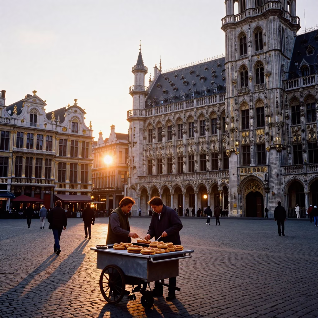 Brussels Grand Place at Sunset with Traditional Stroopwafel Vendor in in Brussels, Belgium