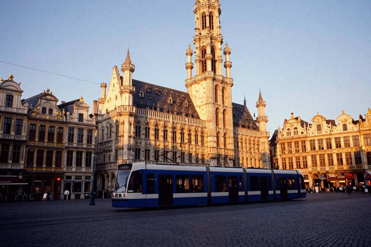 Brussels Grand Place at Sunset with Tram and Stone Architecture in in Brussels, Belgium