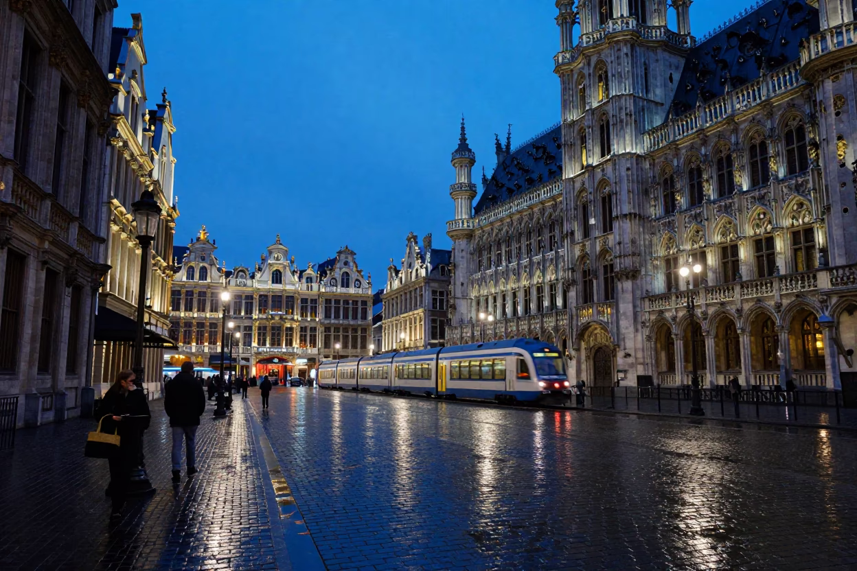 Brussels Grand Place Cobblestone Street at Indigo Twilight with Commuter Train and Match Striker in in Brussels, Belgium