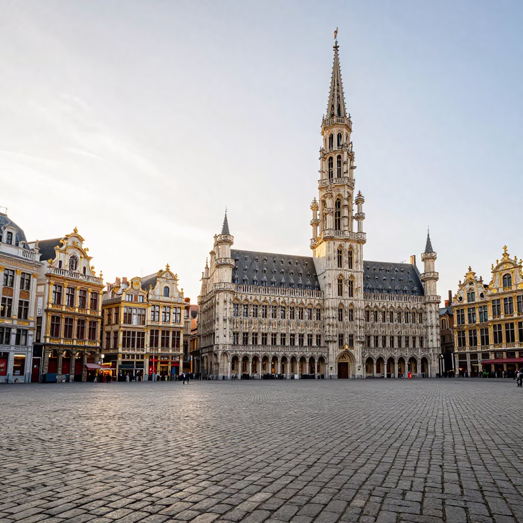 Brussels Grand Place cobblestones and historic architecture in late afternoon light in in Brussels, Belgium