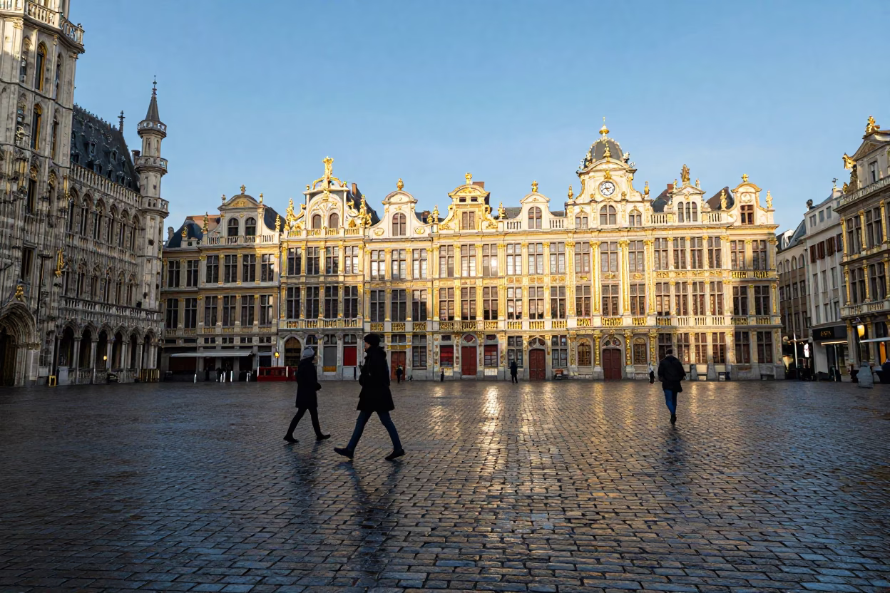 Brussels Grand Place Cobblestones Late Afternoon Street Scene with Classic Architecture in in Brussels, Belgium