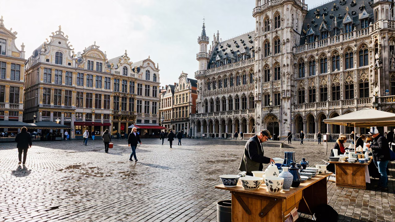 Brussels Grand Place Cobblestones Morning Light and Ceramic Market Stall Details in in Brussels, Belgium