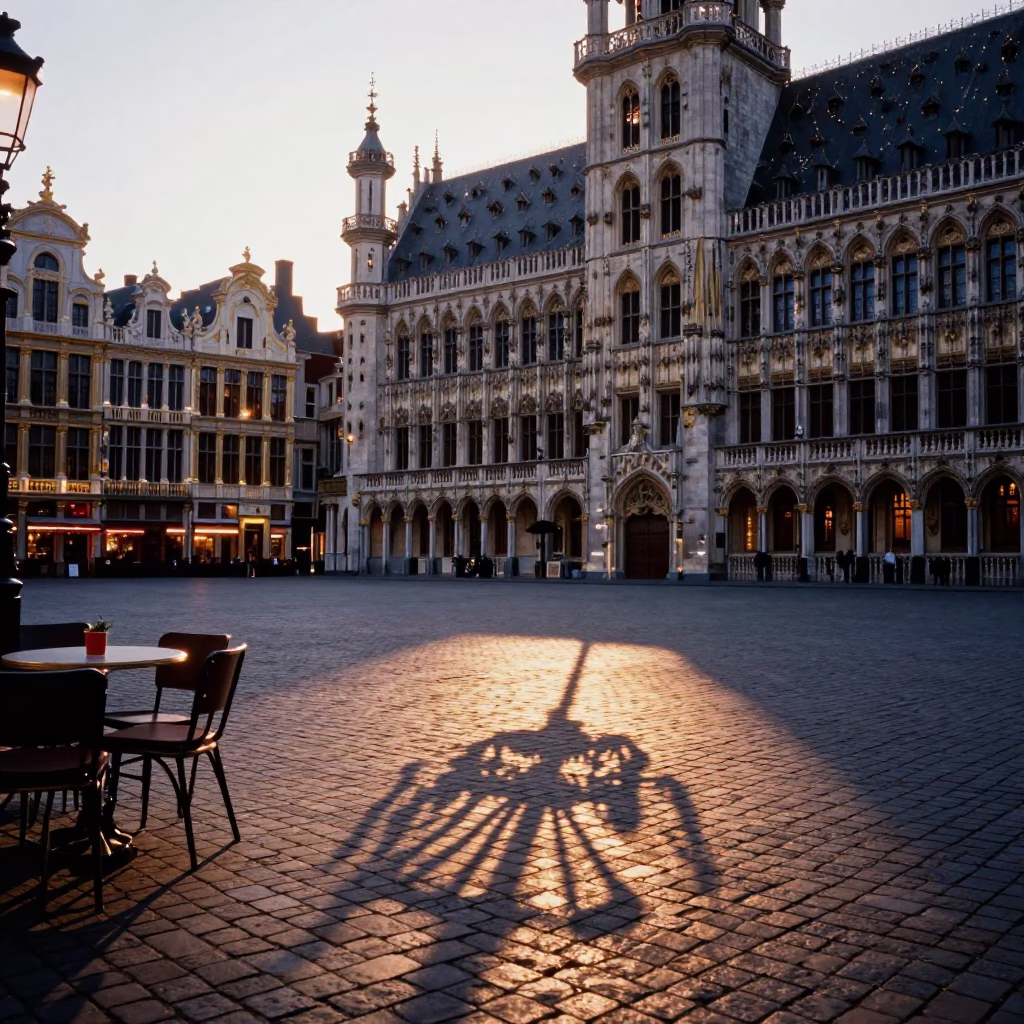 Brussels Grand Place evening copper light wicker shadow on saucer edge in in Brussels, Belgium