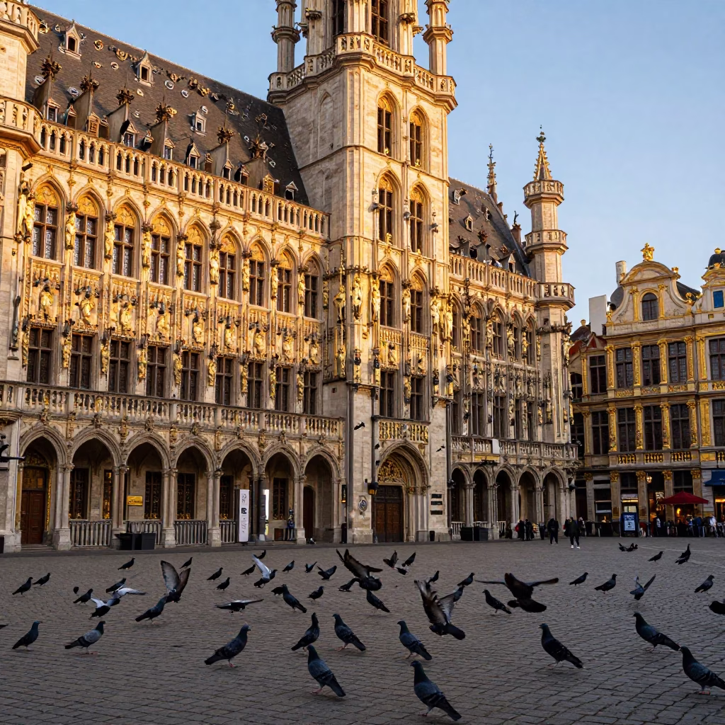 Brussels Grand Place Evening Light Pigeons Stone Architecture in in Brussels, Belgium