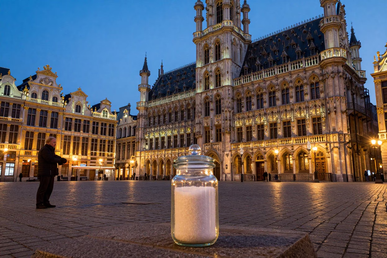 Brussels Grand Place evening light with glass sugar jar and canal reflections in in Brussels, Belgium