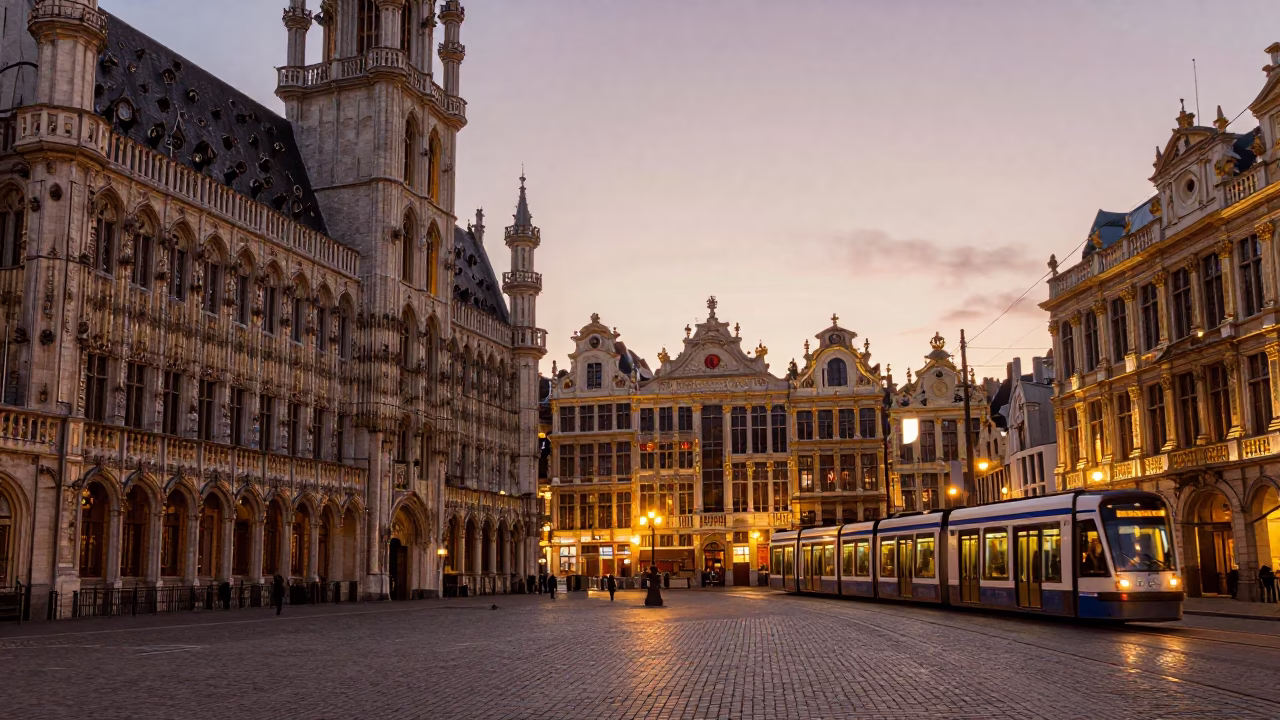 Brussels Grand Place evening light with tram and historic guildhalls in in Brussels, Belgium
