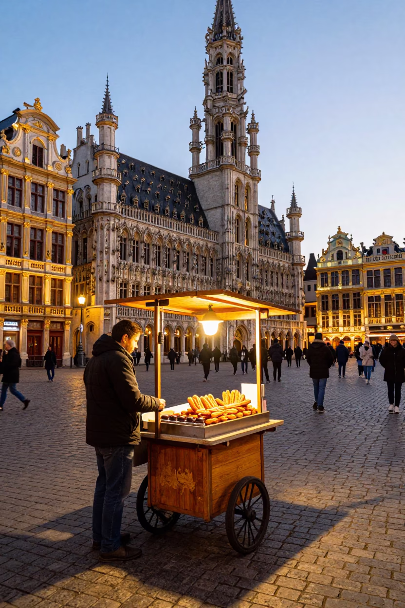 Brussels Grand Place evening street food churros and chocolate in in Brussels, Belgium