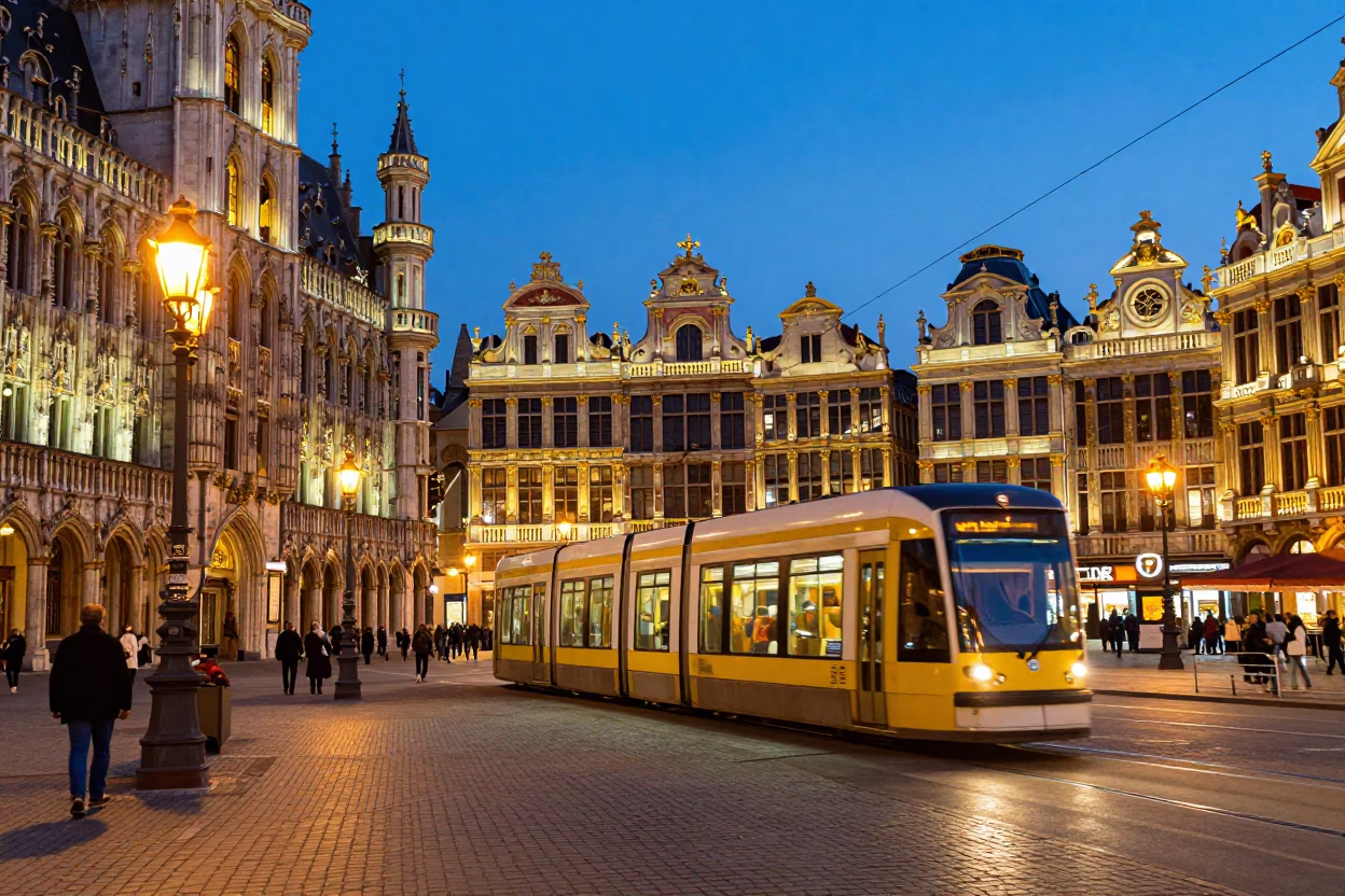Brussels Grand Place evening street life with tram and historic architecture in in Brussels, Belgium