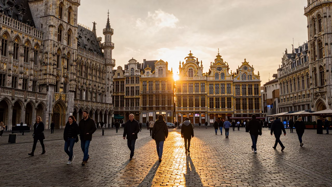 Brussels Grand Place Golden Hour Cobblestone Street Scene with Local Pedestrians and Historic Architecture in in Brussels, Belgium