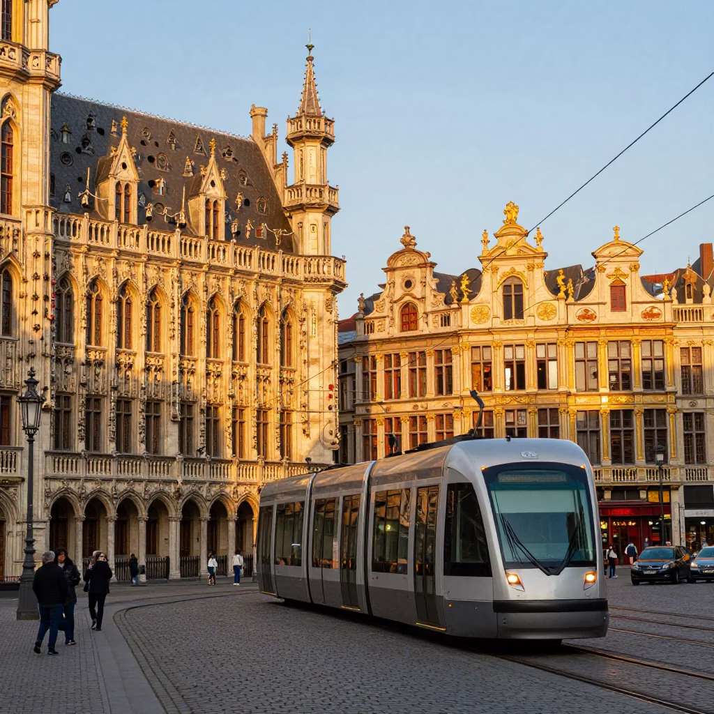 Brussels Grand Place Golden Hour Monorail and Historic Cobblestone Street Scene in in Brussels, Belgium