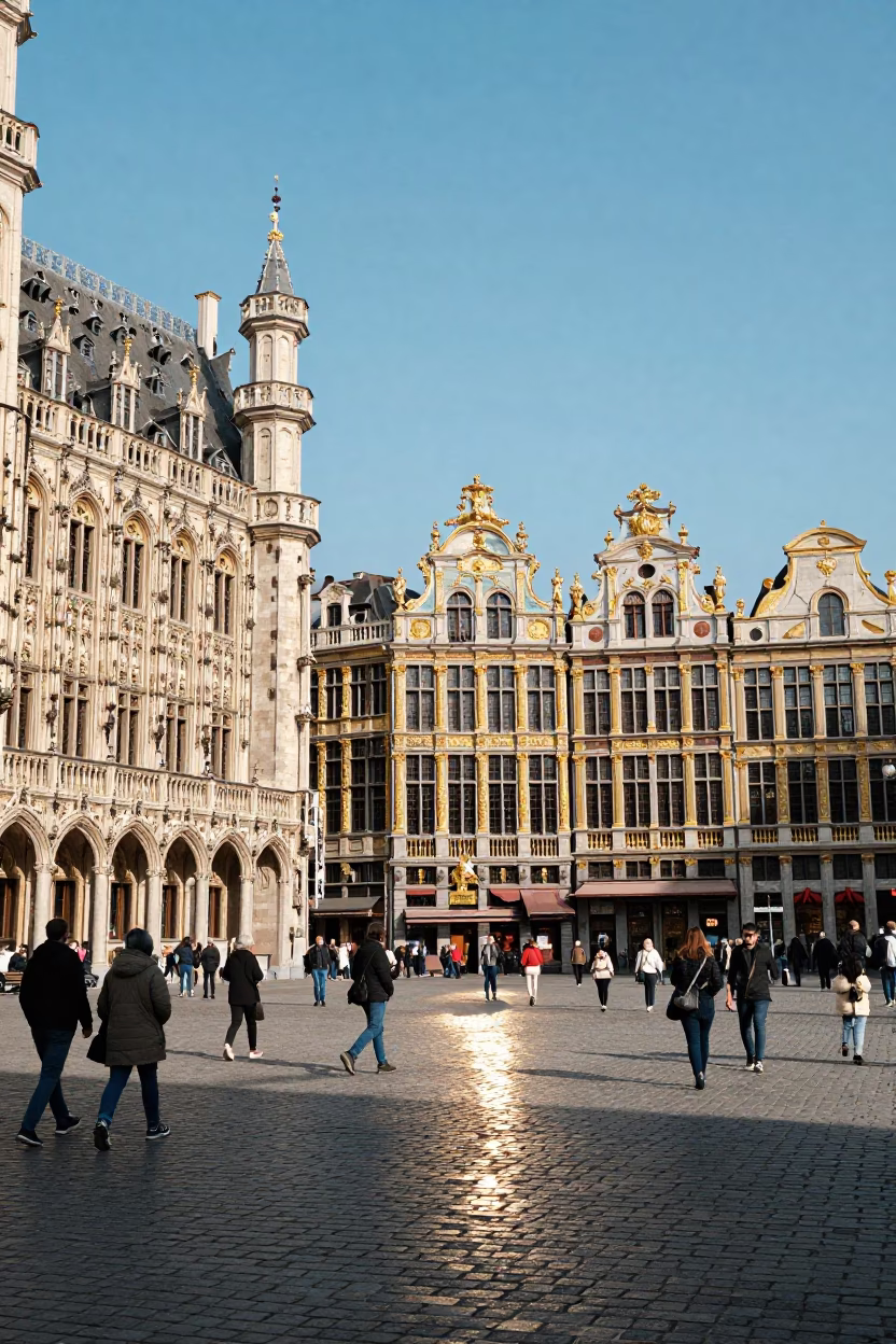 Brussels Grand Place midday sunlight reflecting off historic guildhouse facades with tourists in in Brussels, Belgium