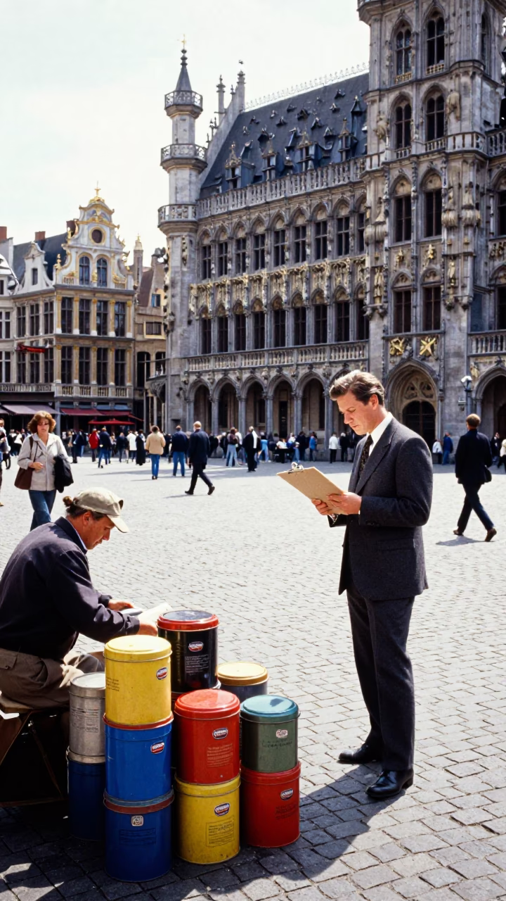 Brussels Grand Place Midmorning Street Scene with Clipboard and Storage Tins in in Brussels, Belgium