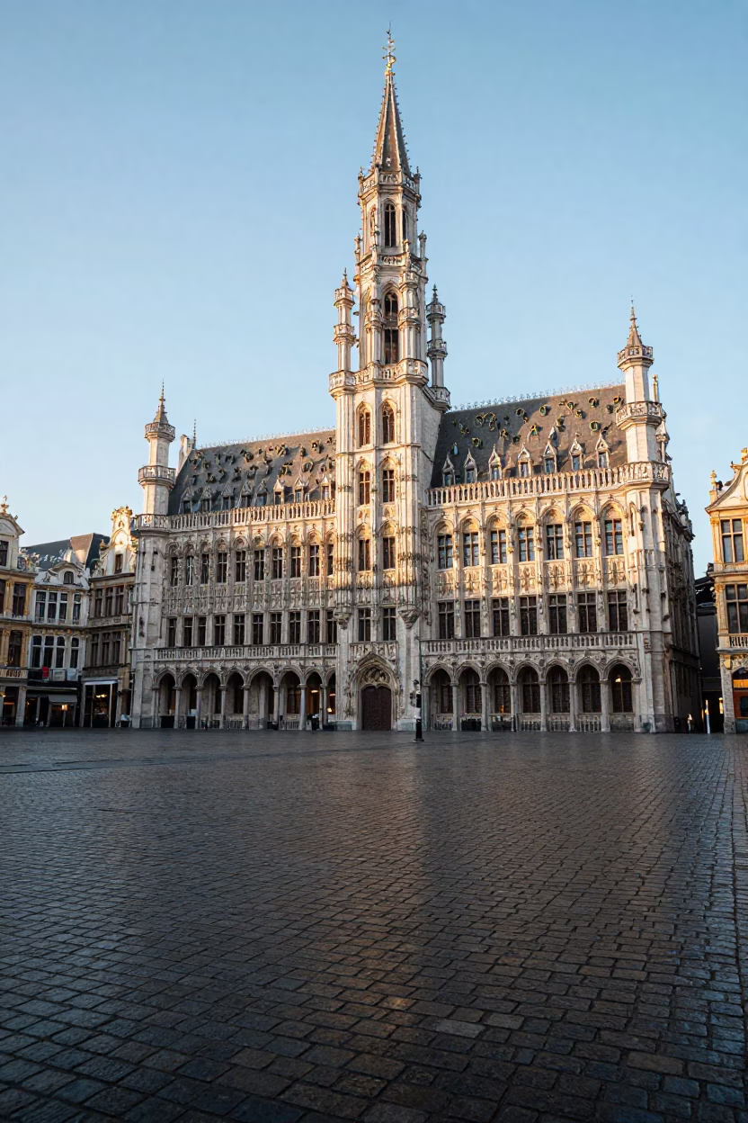 Brussels Grand Place Morning Light Illuminating Historic Guildhalls and Cobblestone Square in in Brussels, Belgium