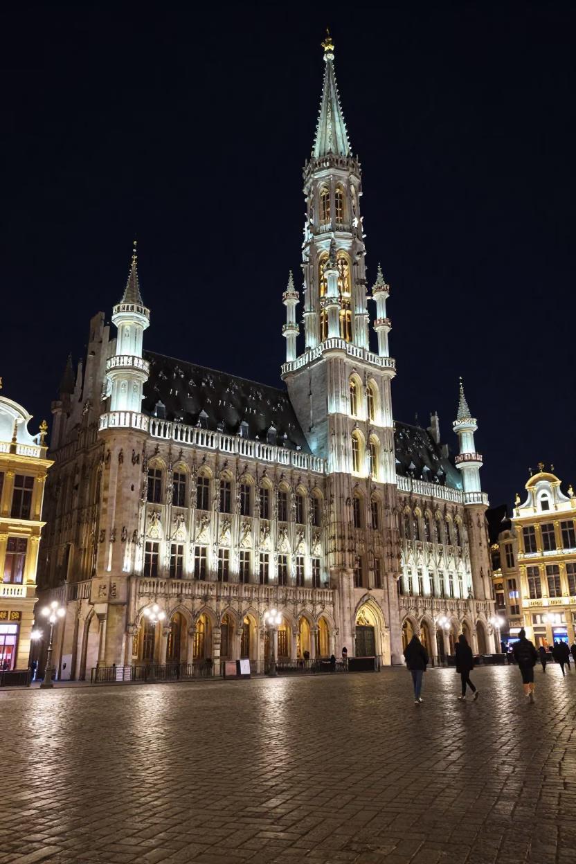 Brussels Grand Place Night Photography with Cobblestone Streets and Gothic Architecture Under Deep Sky in in Brussels, Belgium