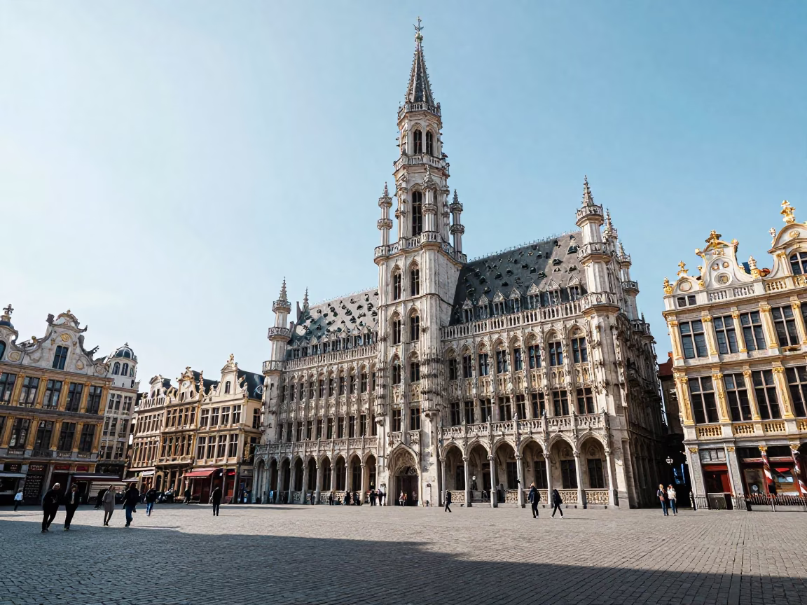 Brussels Grand Place Noon Light and Street Scene with Blue-Feathered Kite in in Brussels, Belgium