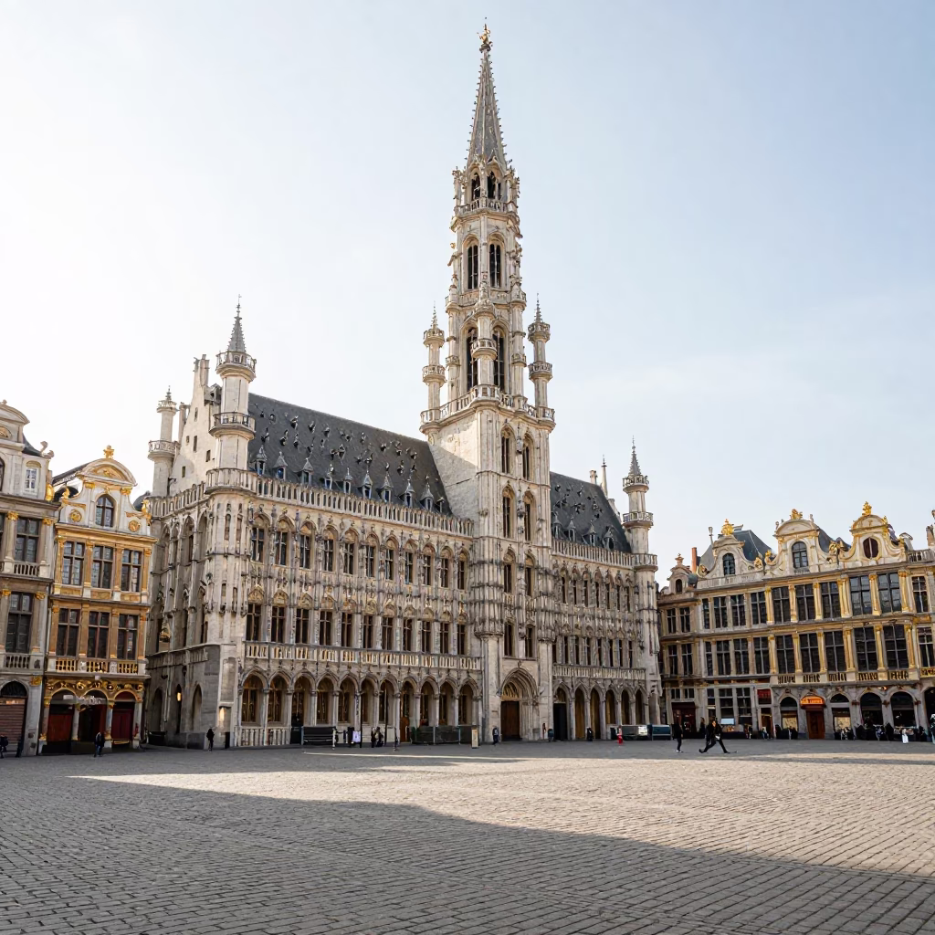 Brussels Grand Place noon light with historic guildhalls and street scene in in Brussels, Belgium