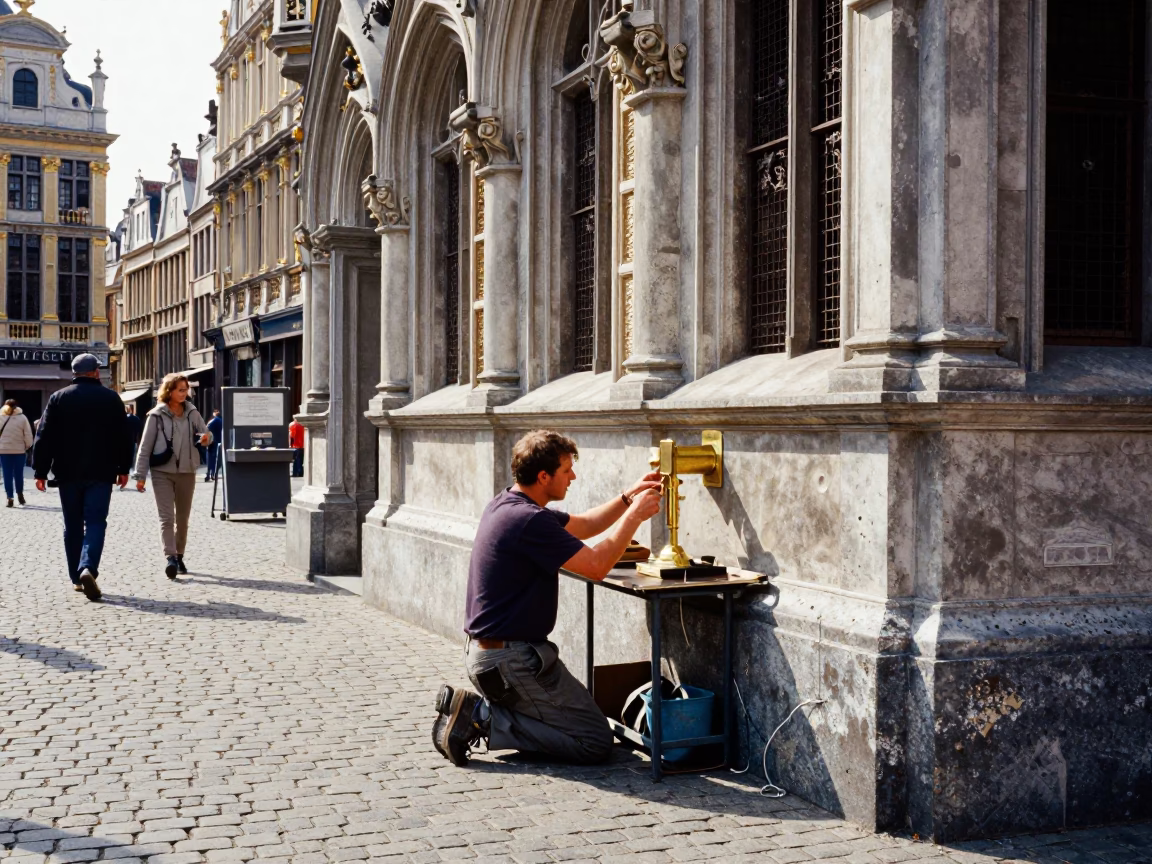 Brussels Grand Place noon street scene with dented metal rim and folding ruler in in Brussels, Belgium
