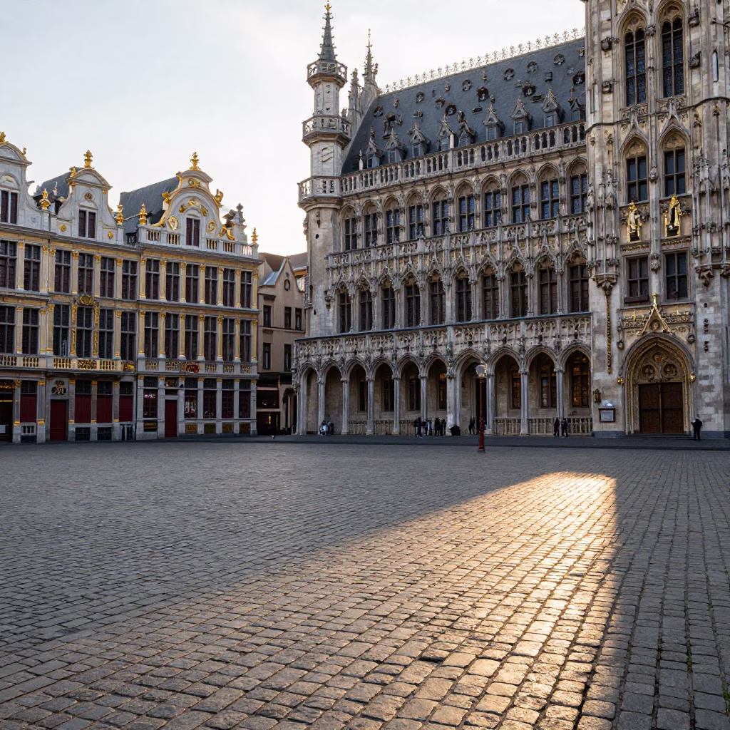 Brussels Grand Place Sunrise Cobblestones and Historic Gothic Architecture in in Brussels, Belgium