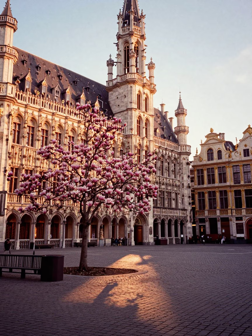 Brussels Grand Place Sunset Magnolia Bloom and Historic Architecture in in Brussels, Belgium