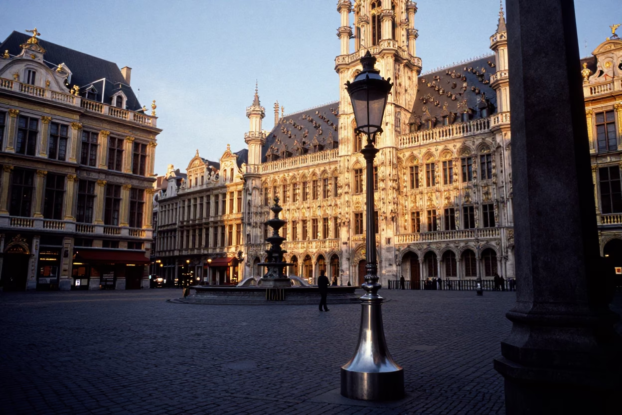 Brussels Grand Place Sunset Street Scene with Steel Lamp and Leaf Shadows in in Brussels, Belgium