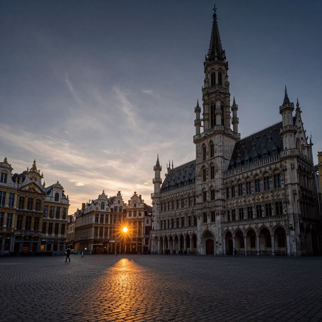 Brussels Grand Place Sunset View of Historic Guildhalls and Cobblestone Square in in Brussels, Belgium