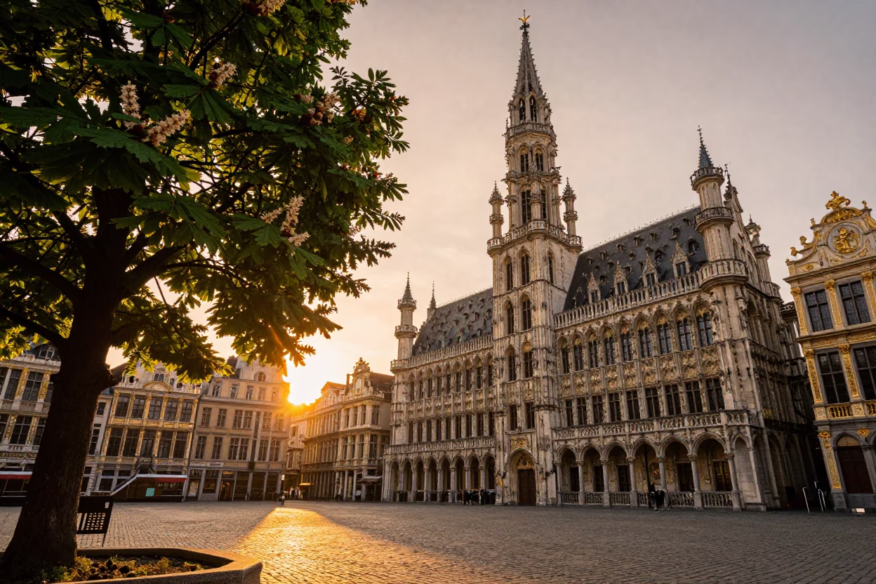 Brussels Grand Place Sunset with Chestnut Tree and Golden Hour Light in in Brussels, Belgium