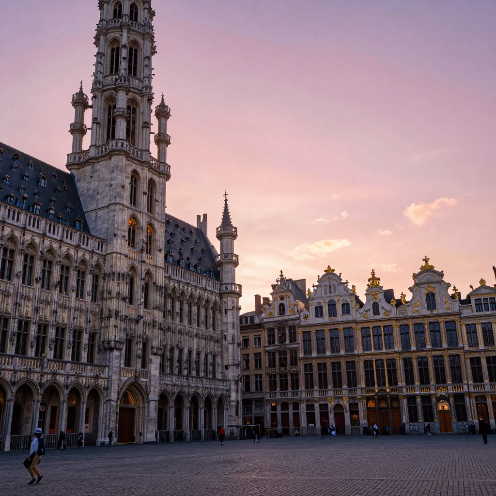 Brussels Grand Place Sunset with Historic Guildhalls and Evening Commuters in in Brussels, Belgium