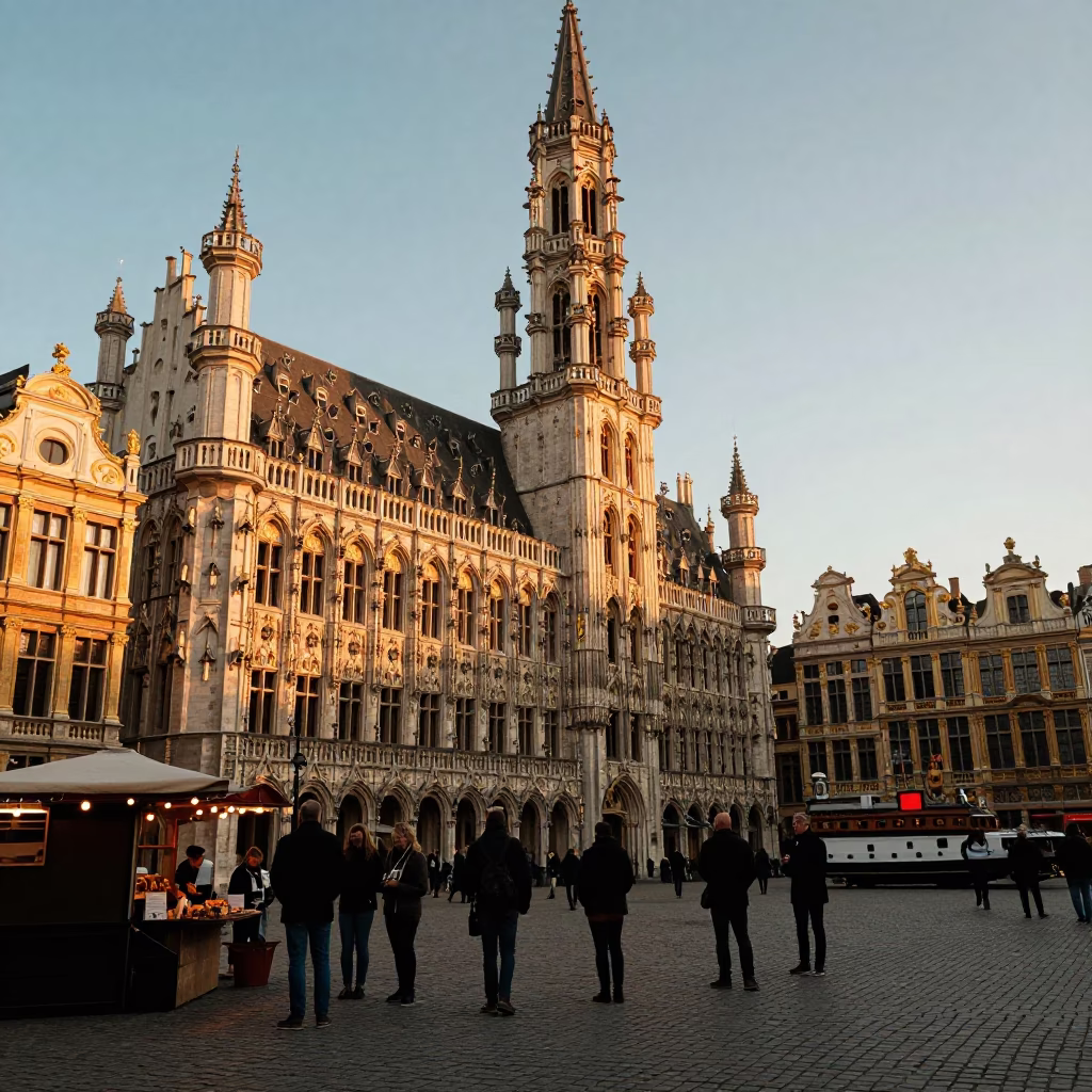 Brussels Grand Place Sunset with Steamboat and Rake Heads in in Brussels, Belgium