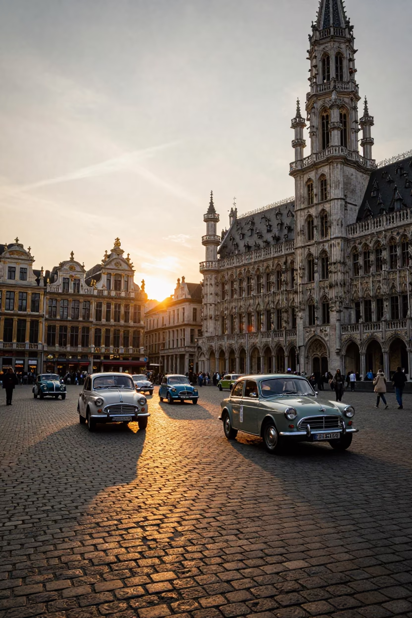 Brussels Grand Place sunset with vintage car rally and street food vendor in in Brussels, Belgium