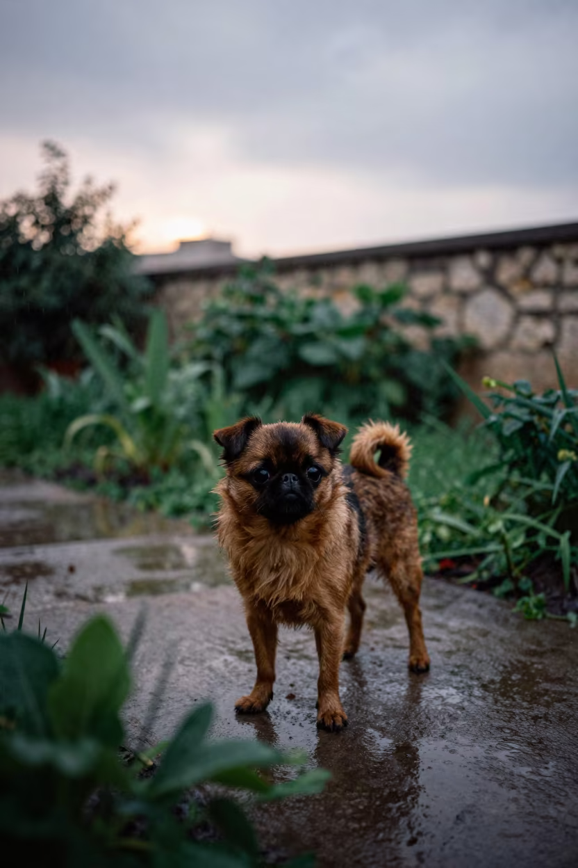 Brussels Griffon in Baghdad Garden After Rain in near a garden edge with soft morning light and an uncluttered background near Baghdad