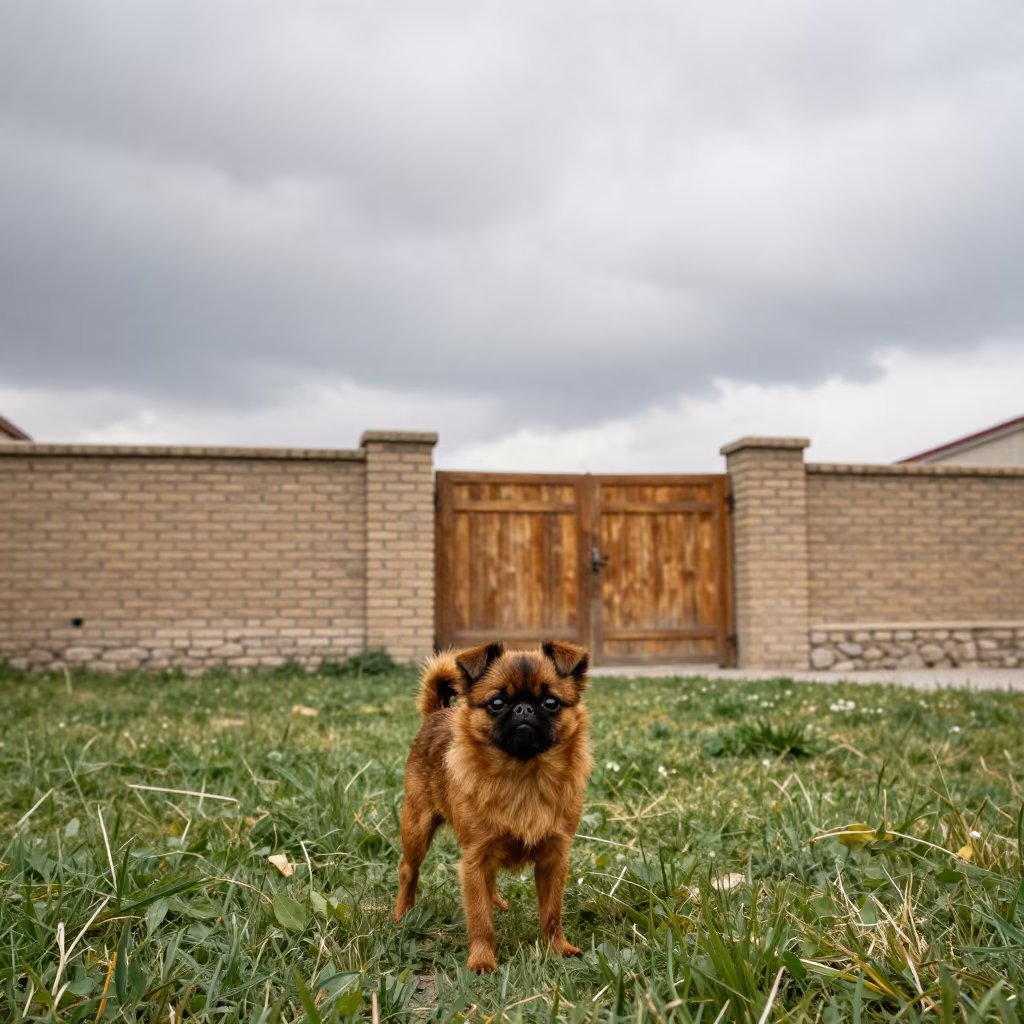 Brussels Griffon in Tabriz Midsummer Yard in in a small yard with clipped grass, calm light, and the animal centered in frame in Tabriz