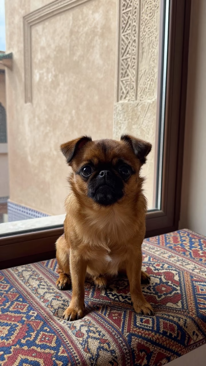 Brussels Griffon on Cushioned Window Seat in Meknes in on a cushioned window seat with soft side light and an uncluttered background in Meknes