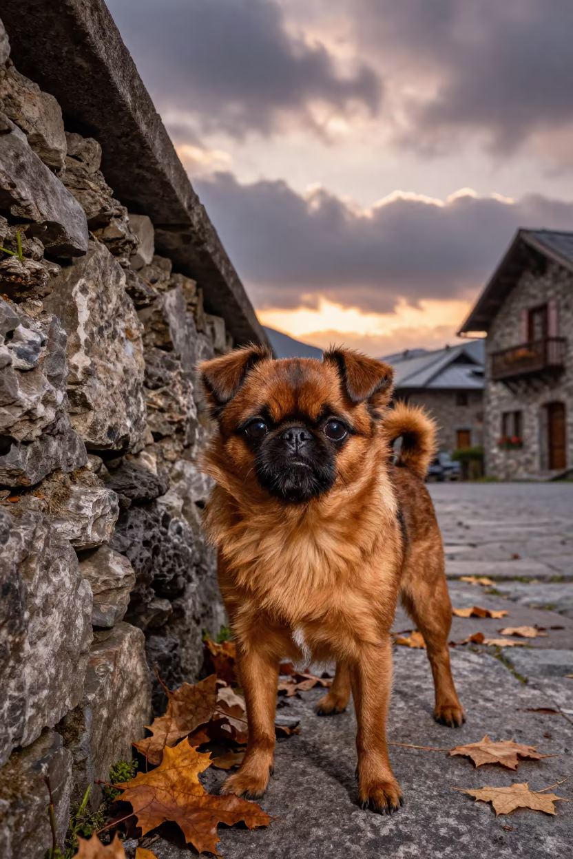 Brussels Griffon Portrait Andorra Autumn Light in beside a plain courtyard wall in clear daylight with the animal at eye level in Andorra la Vella