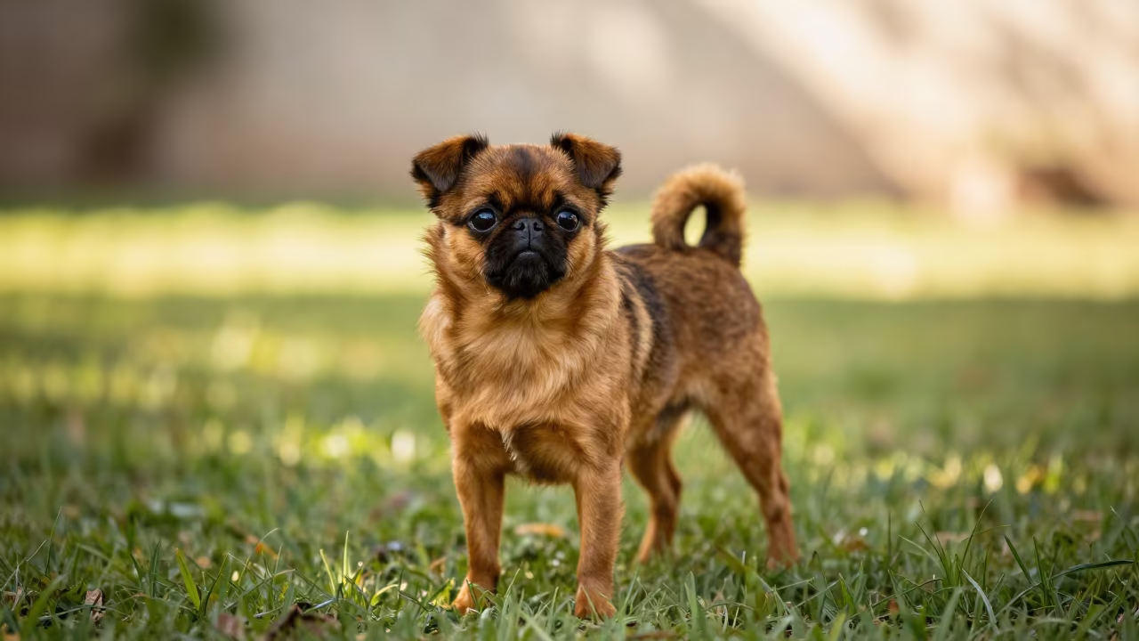 Brussels Griffon Portrait in Late Afternoon Light in in a small yard with clipped grass, calm light, and the animal centered in frame near Valle de la Pascua