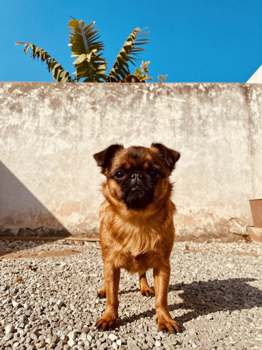 Brussels Griffon Portrait in Pune Courtyard in beside a plain courtyard wall in clear daylight with the animal at eye level near Pune