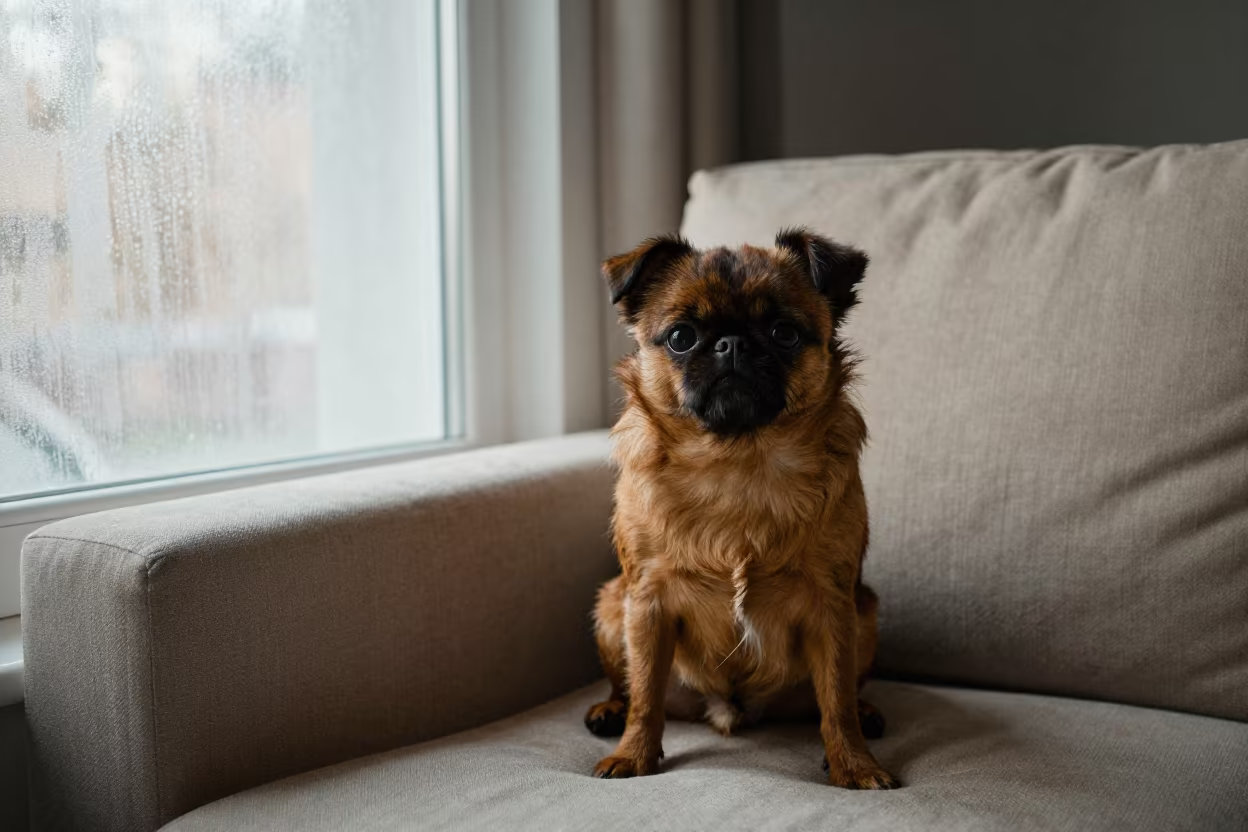 Brussels Griffon Portrait on Sofa in Dawn Light in on a sofa near a curtained window with calm indoor light in Cincinnati