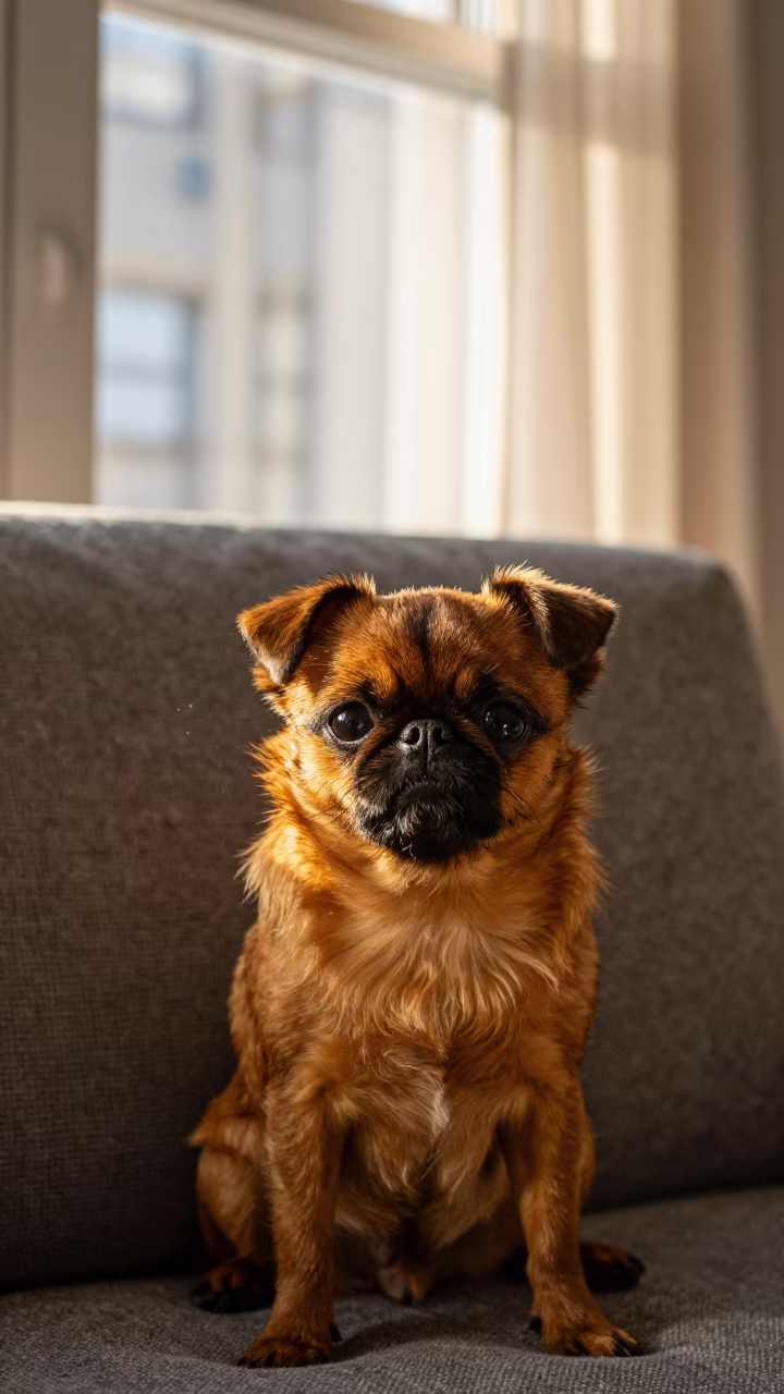 Brussels Griffon Portrait on Sofa in Knysna Light in on a sofa near a curtained window with calm indoor light near Knysna