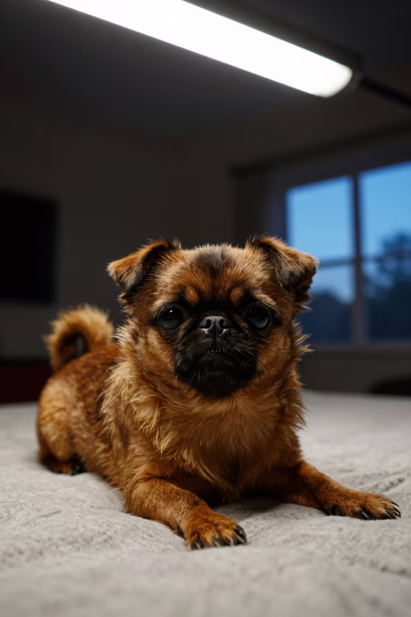 Brussels Griffon Resting on Bedspread Near Window in on a bedspread near a bright window with calm indoor light near Awka